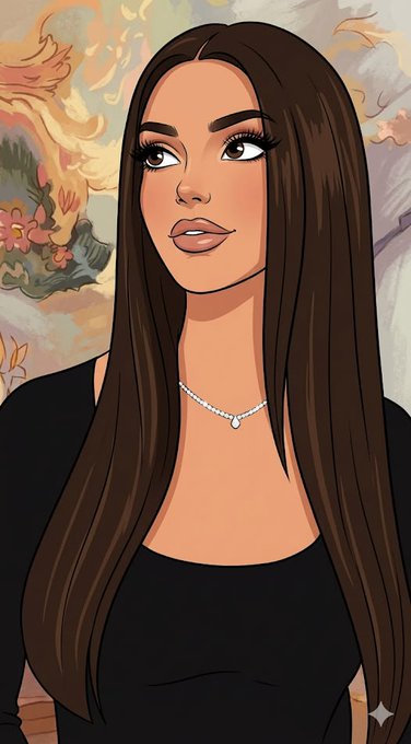 Digital illustration of a young woman with long brown hair, a black top, and a diamond necklace.