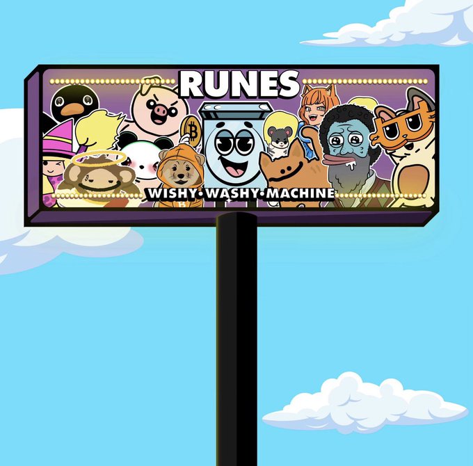 The image features a billboard with various cartoon characters, including a monkey, cat, dog, and bird, all smiling at each other. The text "RUNES" is written above them, indicating that they are part of an online gaming company called "RUNES". Below this, the words "Wishy Washing Machine" are displayed, suggesting that the characters might be associated with a virtual world where players can interact and engage in various activities. The text "SATS=BITCOIN" is also present on the billboard, which could indicate that the characters are linked to an online gaming platform or marketplace where users can purchase items using Bitcoin as payment.