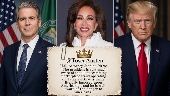 The image is a political commentary graphic featuring three side-by-side official portraits: California Governor Gavin Newsom, U.S. Attorney Jeanine Pirro, and former President Donald Trump, each shown against their respective official backgrounds. Overlaid on the center is a parchment-style quote card attributing a statement to U.S. Attorney Jeanine Pirro (@ToscaAusten) warning about "the illicit scamming marketplace fraud operating on Telegram," visually tying the trio to the accompanying post's narrative about federal action against a large-scale Telegram-based fraud network targeting Americans' retirement funds.
