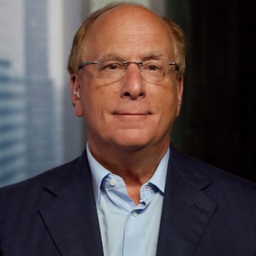 The image shows Larry Fink, CEO of BlackRock, in a professional headshot wearing a navy suit and light blue shirt. The caption relates to the news as he leads BlackRock, whose Bitcoin ETF (likely IBIT) made a significant $183.4 million Bitcoin purchase.