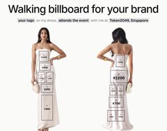 An advertisement for 'School404, Singapore' featuring two models wearing dresses designed to look like mobile shopping apps displaying a 'Walking billboard for your brand' concept.