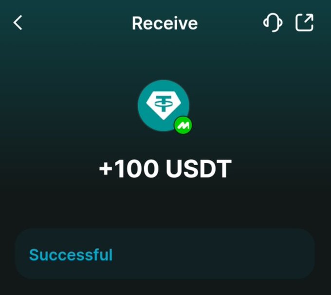 Mobile wallet confirmation screen showing a successful USDT receive transaction of +100 USDT via Tether (USDT) token.