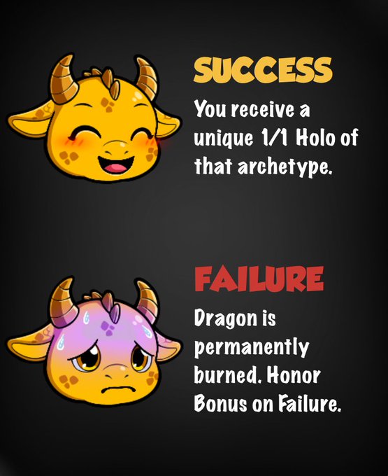 The image features two cartoon heads, one with a sad expression and the other with a happy expression. The sad-looking head has a dragon design, while the happy-looking head also has a dragon design. Below these images, there are two lines of text that explain what each of them represents. One line reads "Dragon is permanently burned. Honor bonus on failure." and the other says "What could this even mean... @Pocket_Dragons_ is coming. And it'S coming fast. What we're building doesn' fit into the current NFT or Web3 gaming box. A new category is being born."