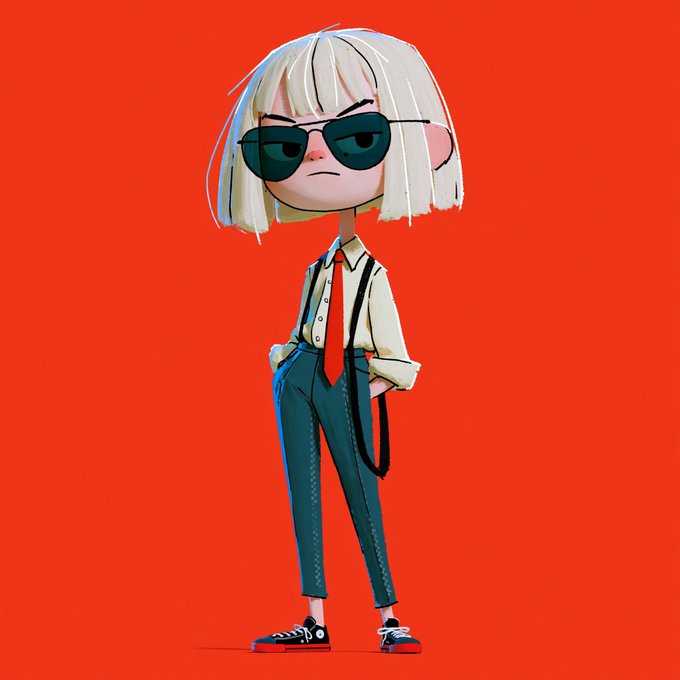 A 3D stylized illustration of a blonde girl with a bob haircut and dark sunglasses, wearing a white shirt, red tie, suspenders, and dark trousers against a solid red background.