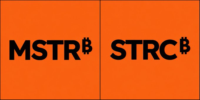 The image displays two bold black tickers—"MSTR₿" and "STRC₿"—set against a vibrant orange background, each featuring a Bitcoin symbol superscript. The graphic visually reinforces the post's message, highlighting the 25% and 27% recoveries of these Bitcoin-related stock tickers from their recent lows.