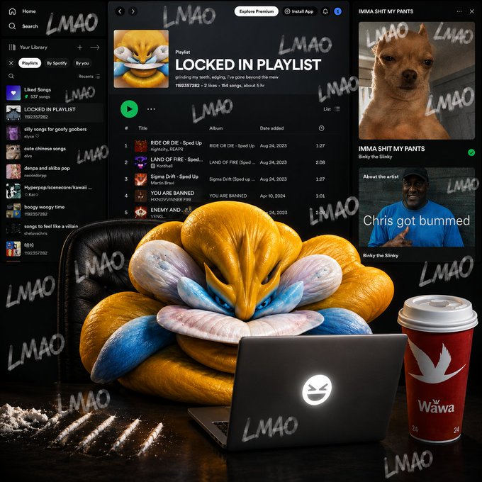 A collage-style image featuring a person in a large yellow and blue creature suit using a laptop, surrounded by 'LMAO' text, a Spotify 'LOCKED IN PLAYLIST', a Wawa coffee cup, and an album titled 'IMMA SHIT MY PANTS' by 'Binky the Slinky'.