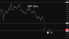 A 5-minute candlestick chart showing QNT (Quant) cryptocurrency price action in a downward trend.