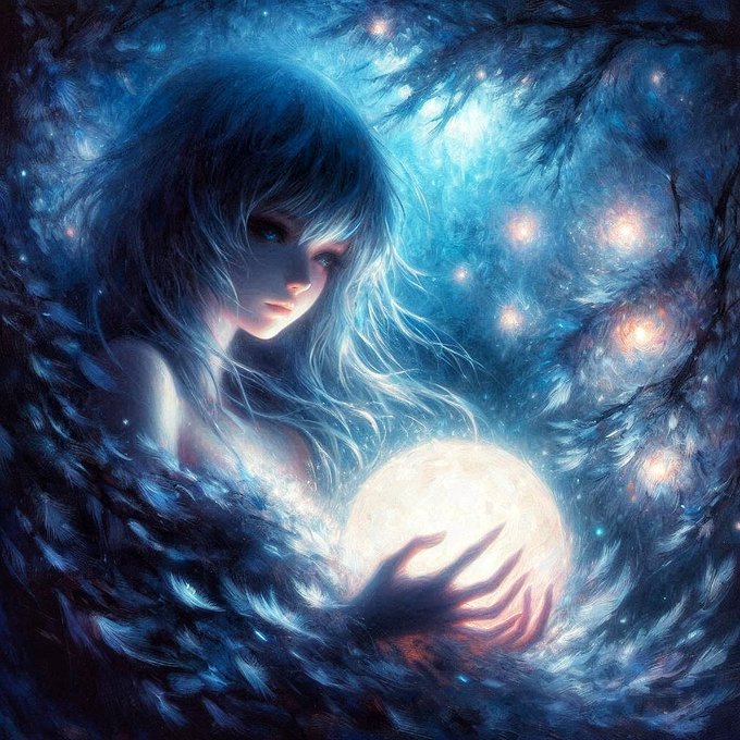 A blue-haired ethereal girl cradles a glowing white orb amid swirling cosmic feathers, capturing the magical essence of "Whisper of the orb" at $96. The luminous sphere in her hands mirrors the post's imagery of an enchanted moment drawing her toward an unseen destiny.