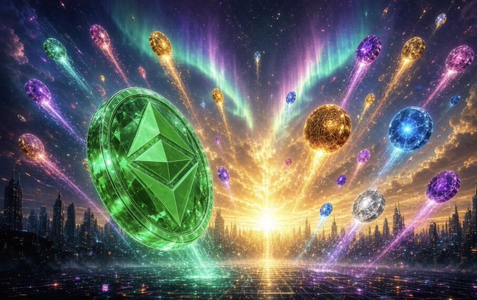 A colorful digital artwork featuring a large green Ethereum coin alongside various other cryptocurrencies shooting like comets over a futuristic city.