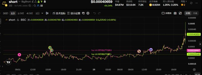 A cryptocurrency trading chart on BigShot displaying 'short' for the token on BSC (BEP20), showing a price of $0.00040659 with a recent surge visible on the candlestick graph.