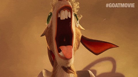 !!!GOATMOVIE!!! is a movie poster for "Goat Movie" featuring a cartoon goat with open mouth and green eyes, accompanied by the hashtag #goamovie.