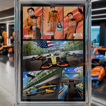A framed poster displays cartoon orange race car drivers with names including 'NOLAN', 'HELIO', and 'JOHAN' at the top, followed by photographs of real orange and yellow open-wheel race cars on a track.