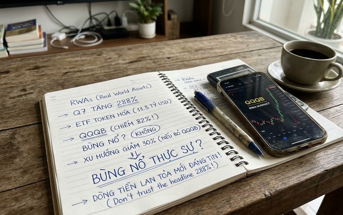 An open notebook on a wooden desk displays handwritten notes in Vietnamese and English about crypto assets, with the headline 'RWAs (Real World Assets) Q1 TĂNG 288%' and a warning 'BÙNG NỔ THỰC SỰ?'.