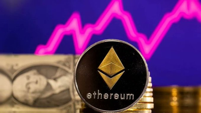 A close-up of an Ethereum physical coin resting on a stack of coins, with US dollar bills and a glowing pink line graph on a purple background behind it.