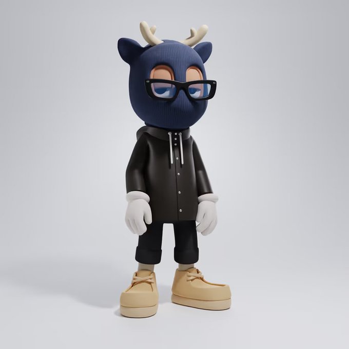 A 3D-rendered character wearing a blue deer/animal mask with antlers, glasses, black hoodie, white gloves, black shorts, and tan platform shoes.