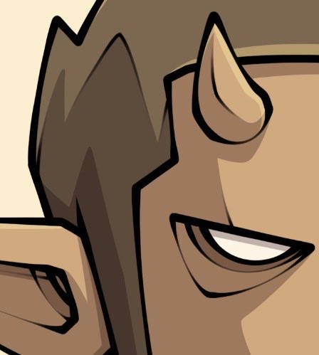 A digital illustration showing close-up faces of two characters, one with brown spiky hair and the other wearing a helmet with a horn.