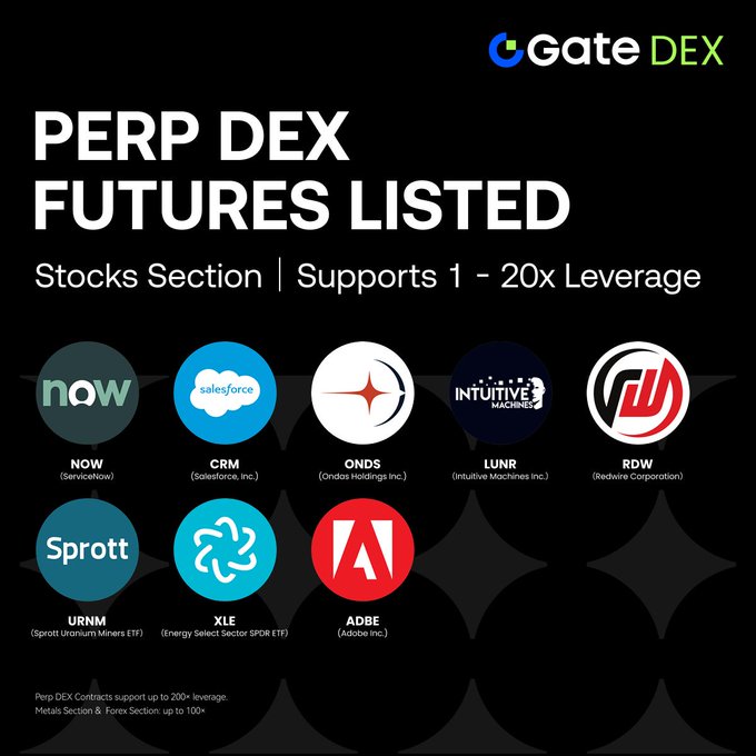 The image shows a list of eight logos and icons, each representing a different company or product. There are five logos in total, with two circles containing images of companies like "Google" and "Microsoft", as well as another circle featuring an image of Adobe Photoshop. The text on the image reads "Perp DEX Futures Listed: Stocks Section (2x leverage)". This post is likely promoting a new listing or investment opportunity related to future shares, with information about companies such as Salesforce and Adobe provided in the list.