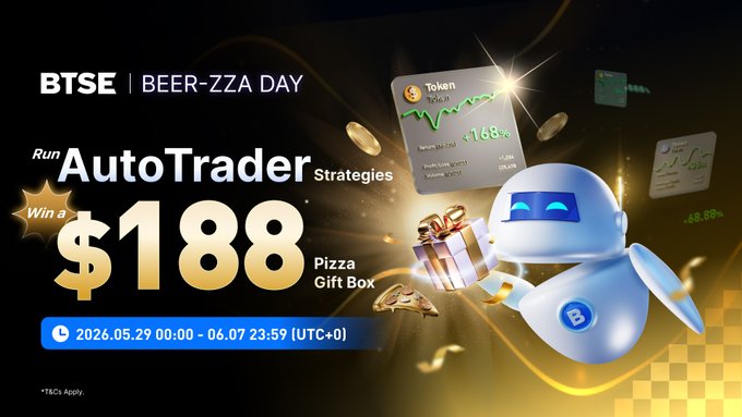 The image features a promotional banner with information about a beer trading event, titled "AutoTrader Strategy Challenge week!". This event encourages participants to trade their AutoTraders for beer points and pizza. The post highlights that there are four rounds of this challenge, which means there are a total of four AutoTrader strategies needed to win a Pizza Gift Box. The banner also mentions that the AutoTrader will be used for strategy trading during these four days, starting from Monday at 09:00 - 23:59 (07:00 - 07:59). The final post in this campaign is titled "World Cup 2026 #BTSECampaign". This indicates that the promotional event will take place around the World Cup.