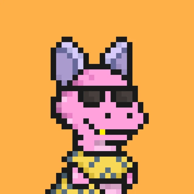 A pixel art illustration depicts a pink creature with horns wearing sunglasses and yellow overalls against a solid orange background.
