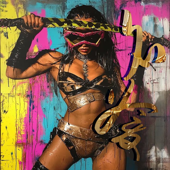 A vibrant pop-art style painting of a woman in a metallic bikini outfit and pink goggles holding a striped weapon, with a large gold Bitcoin symbol beside her.