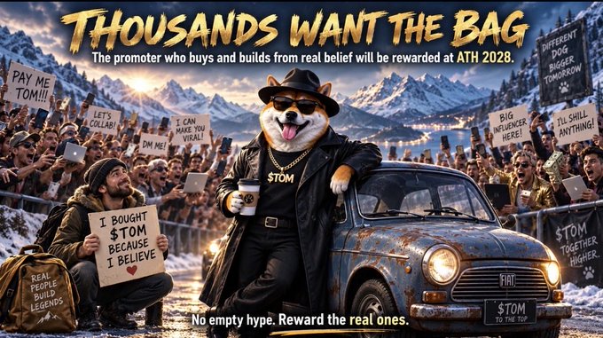 A promotional poster featuring a Shiba Inu dog in a black leather coat and hat, standing in front of a vintage car with crowds holding signs like 'PAY ME $TOM!!!' and 'I BOUGHT $TOM BECAUSE I BELIEVE', with text 'THOUSANDS WANT THE BAG' and 'No empty hype. Reward the real ones.'
