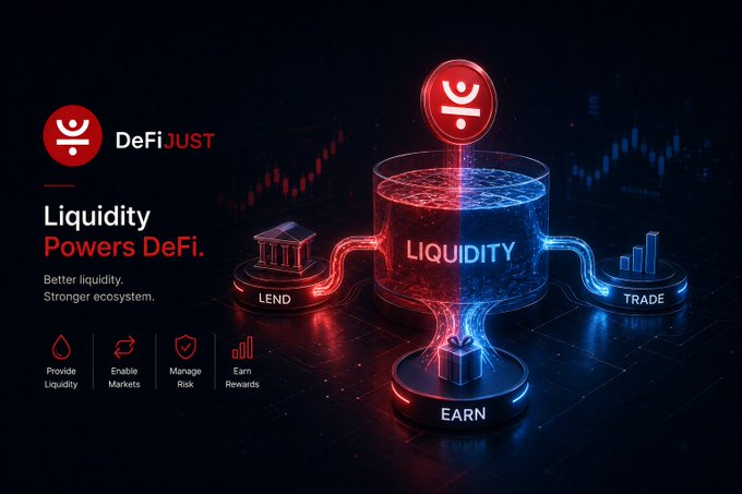 A promotional graphic for DeFiJUST with the tagline 'Liquidity Powers DeFi. Better liquidity. Stronger ecosystem.' featuring a glowing 3D illustration of a 'LIQUIDITY' cylinder connected to 'LEND', 'TRADE', and 'EARN' nodes.