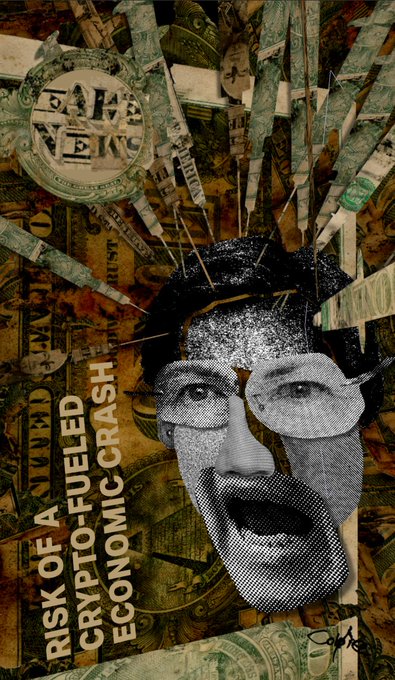 A mixed-media collage artwork featuring a halftone-style face wearing glasses against a backdrop of torn US dollar bills, with text reading 'GAME OVER', 'RISK OF A CRYPTO-FUELED ECONOMIC CRASH', and 'BEST'.