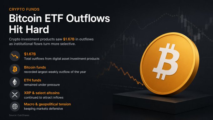"The chart below shows an orange circle representing $1.67B invested into crypto funds over a 7-day period, followed by a red line showing Bitcoin coins left at around 1.67B. Following this are some other names like XRP & HYPE that have experienced significant selling pressure in the past week."