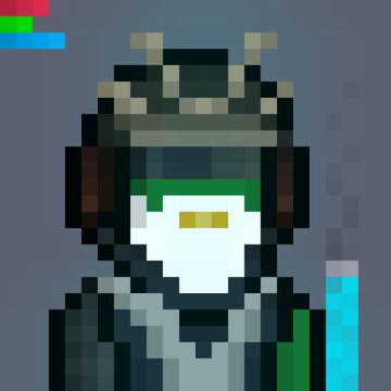 A pixel art portrait of a character with green hair and a dark helmet with small horns, wearing dark armor and holding a blue glowing sword against a grey background.