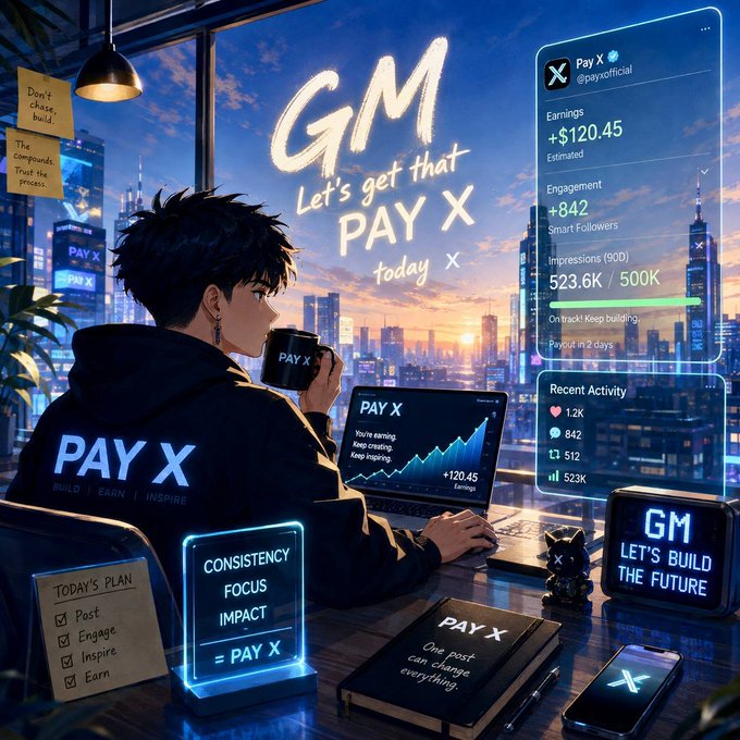 An anime-style illustration of a person with 'PAY X' on their hoodie, sitting at a desk with a city view, surrounded by dashboards showing earnings of +$120.45 and the text 'GM Let's get that PAY X today'.