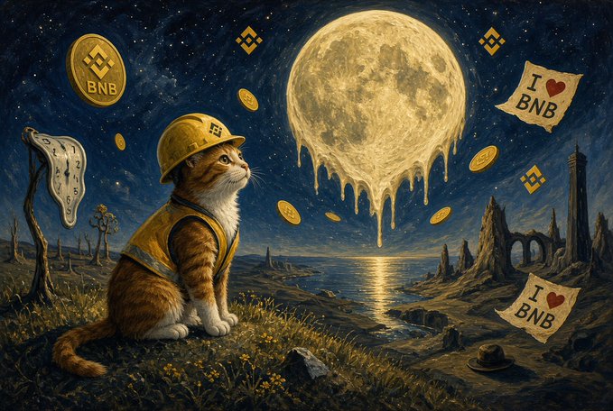 Surreal digital artwork depicting a cat wearing a hard hat gazing at a melting moon over a nighttime landscape, surrounded by floating BNB coins, Binance logos, and 'I ❤ BNB' signs.