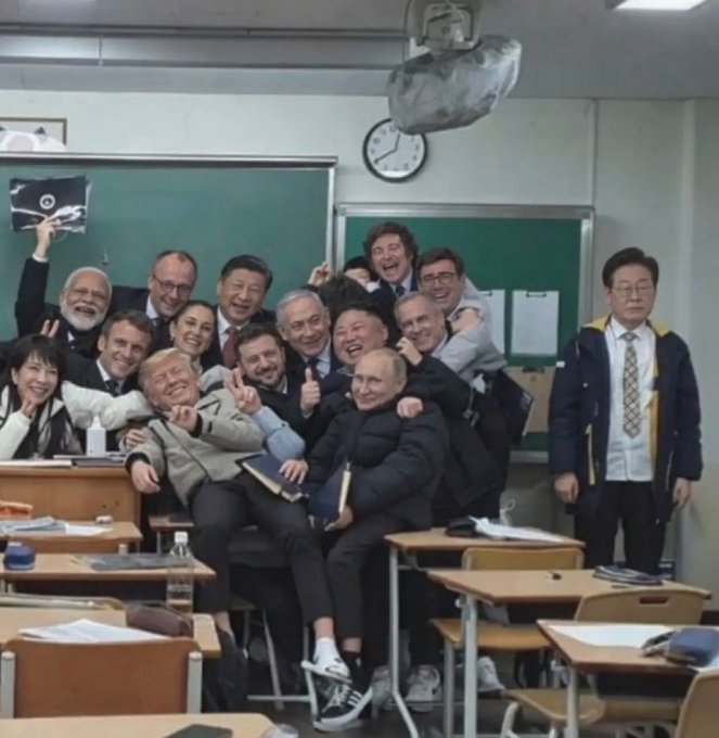 The image shows a humorous, likely edited group photo of world leaders, including Narendra Modi and Donald Trump, posing playfully in a classroom, with the Korean caption "존나 웃기네ㅋㅋㅋ" (So funny lol) emphasizing the absurdity.
