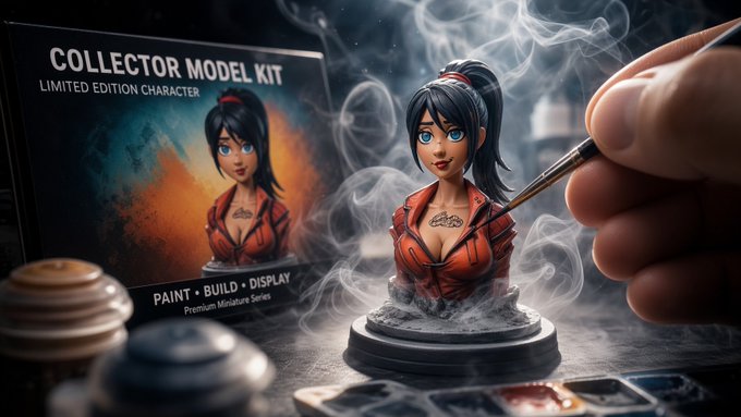A promotional image for a 'COLLECTOR MODEL KIT' described as a 'LIMITED EDITION CHARACTER' in the 'Premium Miniature Series', showing a painted figurine of a black-haired female character in a red outfit being detailed with a paintbrush, with 'PAINT · BUILD · DISPLAY' text and smoky effects.