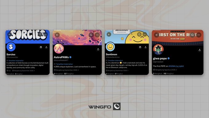 Four NFT collection cards displayed in a row, featuring Sorcies (Sui, 2,222 supply), AstroPAWs (4,999 explorers), Sentimon (Ethereum, 5,000 Sentimons), and giwa pepe (first PEPE on GIWA by Upbit), with a "WINGFO" logo at the bottom and "FIRST ON THE R/Q..." banner visible in the top right corner.