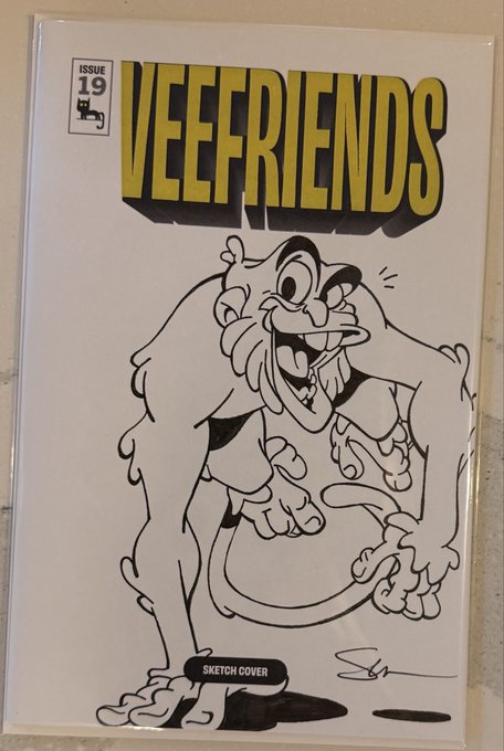 A comic book or magazine cover for 'VEEFRIENDS Issue 19' featuring a black and white sketch of a cartoon character giving a thumbs up, labeled as a 'SKETCH COVER'.