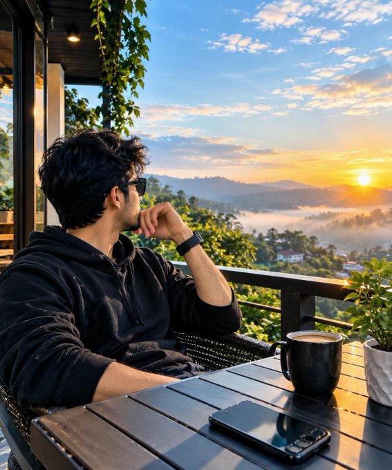 A young man in a black hoodie and sunglasses sits on a balcony overlooking a misty mountain valley at sunrise or sunset, with a black coffee mug and smartphone on the wooden table beside him.