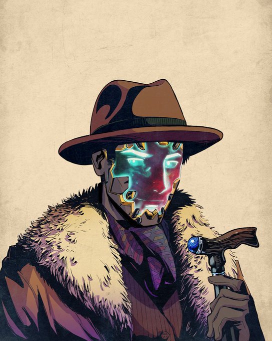 The image shows a stylized illustration of a dapper figure wearing a brown fedora, a fur-collared coat, and a glowing cybernetic mask, holding a cane with a blue orb handle. The vintage-meets-cyberpunk aesthetic pairs with the post's enthusiasm about the @MadLads and @Backpack NFT communities, highlighting the artistic appeal of the collection.