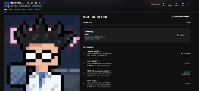 The image shows a webpage for "Mint THE OFFICE" NFT collection, displaying a pixelated character with dark hair and a briefcase alongside minting schedule details including a Treasury mint with "FREE" status and upcoming items like OTD (Sep 6 at 4:00 PM GMT+1) and FCDS (Sep 7 at 12:00 PM GMT+1). The NFT mint page corresponds to the post about the @the_officenft minting event, showcasing the collection's interface and minting timeline for the Familia.