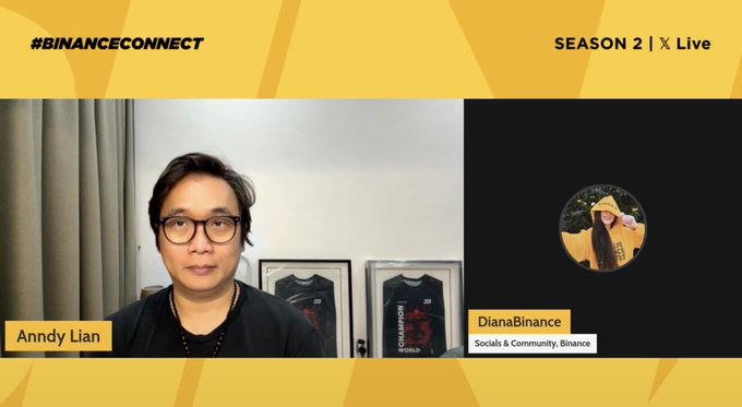 A Binance Connect livestream titled 'SEASON 2 | X Live' features Anndy Lian on video call with 'DianaBinance, Socials & Community, Binance' displayed alongside.