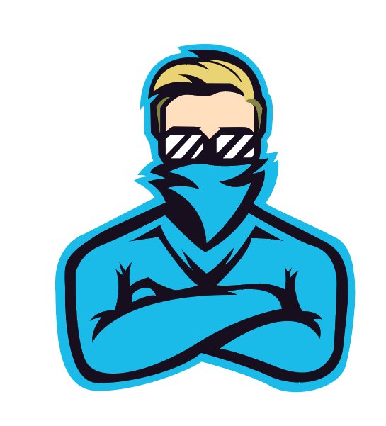 A cartoon-style avatar illustration of a muscular figure with blonde hair, wearing dark sunglasses and a blue bandana covering the lower face, dressed in blue with crossed arms.