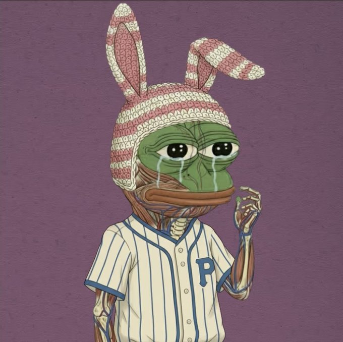 A digital illustration of a sad Pepe the Frog character wearing a pink bunny hat and a baseball jersey with a 'P' on it, against a purple background.
