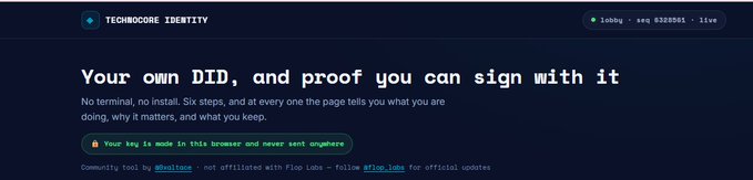 A website header for 'TECHGOOSE IDENTITY' displaying the text 'Your own DID, and proof you can sign with it' along with community tool credits to @waultsec and Flop Lobs.