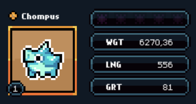 Pixel art character 'Chompus' displayed in a game UI with stats: WGT 6270.36, LVG 556, GRT 81.