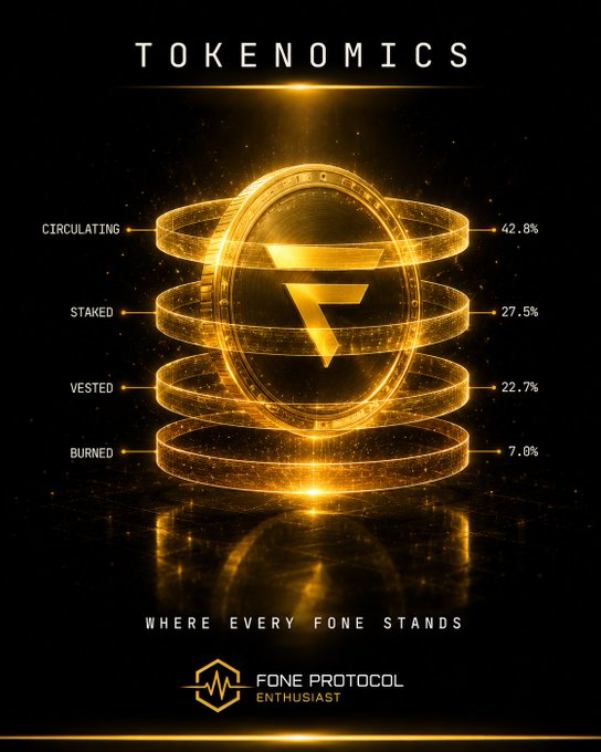 A tokenomics infographic for Fone Protocol displaying allocation percentages: Circulating 42.8%, Staked 27.5%, Vested 22.7%, and Burned 7.0%, with the tagline 'WHERE EVERY FONE STANDS'.