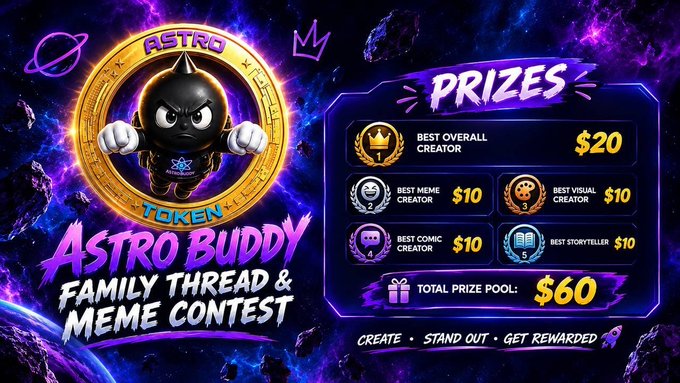 A promotional poster for the 'ASTRO BUDDY FAMILY THREAD & MEME CONTEST' by Astro Token showing prize categories with a total prize pool of $60.