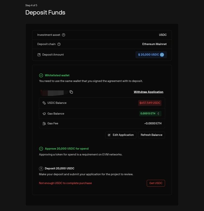 A 'Deposit Funds' screen (Step 4 of 5) showing a USDC deposit of 20,000 USDC on Ethereum Mainnet from a whitelisted wallet, displaying a USDC balance of $657.549 USDC, with a 'Not enough USDC to complete purchase' warning.