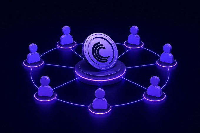 A 3D graphic depicting a central cryptocurrency token connected by glowing lines to six user profile icons arranged in a circle, set against a dark background.