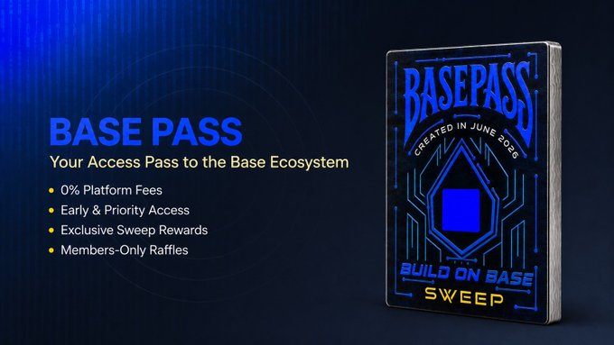 The image features a blue book titled "BasePass" with a gold border, placed against a dark background. The title of the book suggests that it is an early access pass for users who want to explore the Base ecosystem. The book also mentions that it can be used as a Mint, which allows users to build their own Sweep base and gain exclusive rewards from Sweep events.