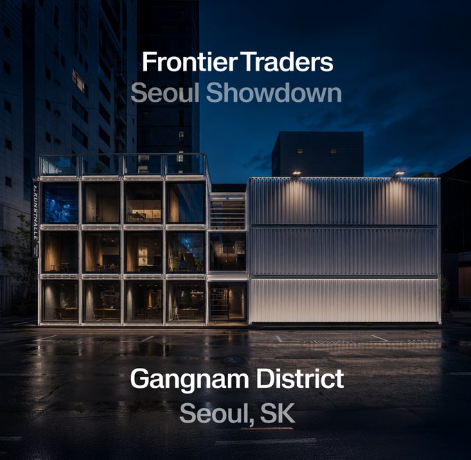 A nighttime promotional graphic for "Frontier Traders Seoul Showdown" located in Gangnam District, Seoul, SK, featuring a modern glass-and-steel building illuminated against the dark sky.