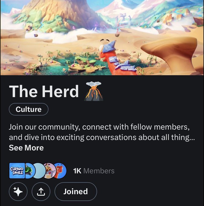 A screenshot of a Discord community page titled 'The Herd 🌋' categorized under 'Culture', featuring a colorful illustrated landscape with a red character, and showing 1K Members with a 'Joined' button.